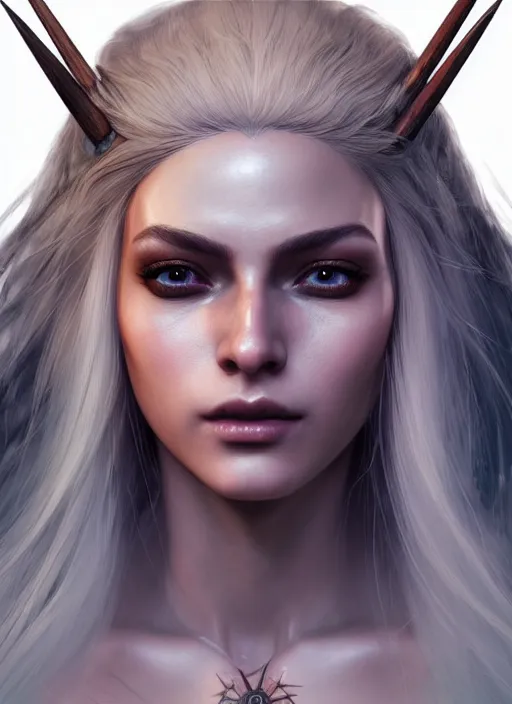 Image similar to portrait of witcher model, sharp focus, octane render, brown skin, realistic render, ffxi, rpg, detailed, beautiful, game, unreal engine, symmetrical!!, maybelline, sephora, loreal, artstation, art by artgerm, rossdraws, art by karol bak, makeup, cinematic, concept art, filmic, vsco