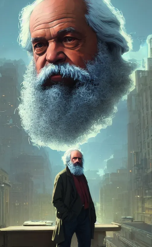 Image similar to highly detailed portrait of karl marx in gta v, stephen bliss, unreal engine, fantasy art by greg rutkowski, loish, rhads, ferdinand knab, makoto shinkai and lois van baarle, ilya kuvshinov, rossdraws, tom bagshaw, global illumination, radiant light, detailed and intricate environment, space, galaxy