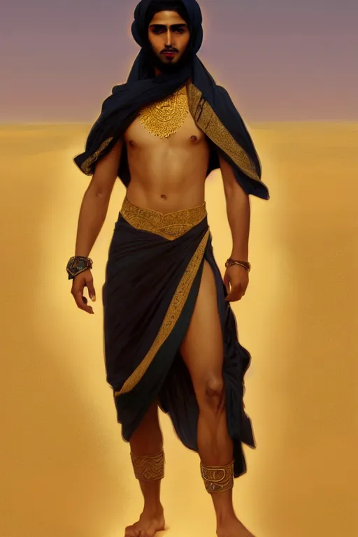 Image similar to full figure beautiful young fit arabic man with dark skin, dressed with multicolored fluent clothes, luminous scene, by greg rutkowski and alphonse mucha, d & d character, gradient white to gold, in front of a dune desert background, highly detailed portrait, digital painting, artstation, concept art, smooth, sharp focus illustration, artstation hq