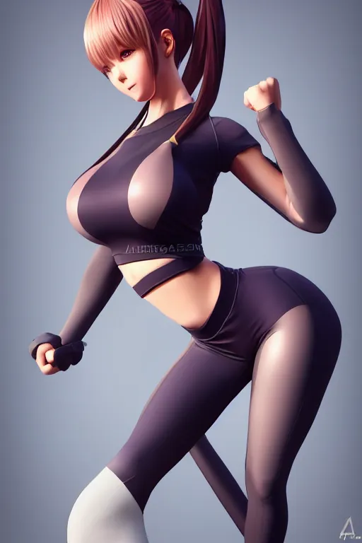 Prompt: photorealistic 3 d render of of an impossibly curvy anime girl wearing a gym outfit, by artgerm and earl norem, featured on pixiv, booru, exaggerated proportions, high resolution digital art, 4 k, beautiful symmetric face, subsurface scattering, volumetric lighting, realistic skin texture
