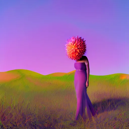 Image similar to portrait, giant purple dahlia flower head, woman between dunes, surreal photography, sunrise, blue sky, dramatic light, impressionist painting, digital painting, artstation, simon stalenhag