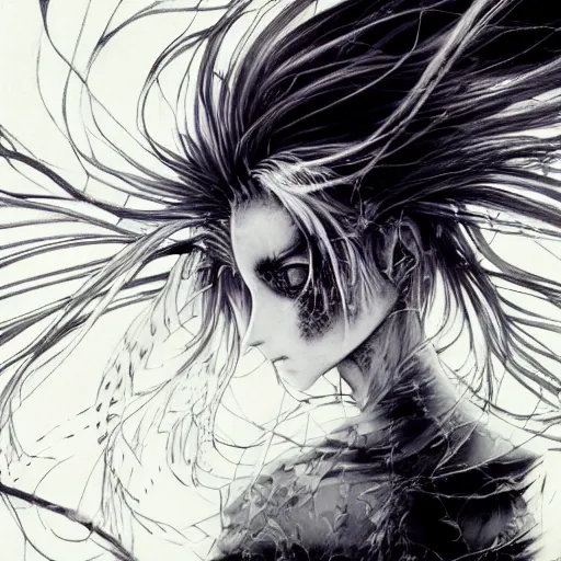 Prompt: Yoshitaka Amano blurred and dreamy illustration of an anime girl with black eyes, wavy white hair fluttering in the wind and cracks on her face wearing organic elden ring armor, abstract black and white patterns on the background, noisy film grain effect, highly detailed, Renaissance oil painting, weird camera angle