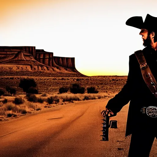 Prompt: western gunslinger, man in black, cowboy hat, guitar, westworld, sunset, ghost town