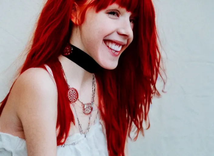 Image similar to portrait of a red haired girl with a choker necklace, and a beautiful smile