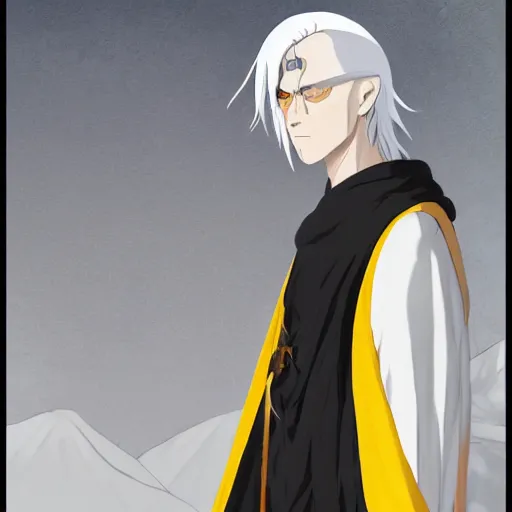 Image similar to a white haired man with yellow eyes, wearing a black cultist robe, medieval background, highly detailed, digital painting, artstation, matte, by makoto shinkai, animation style, studio ghibli, anime key visual