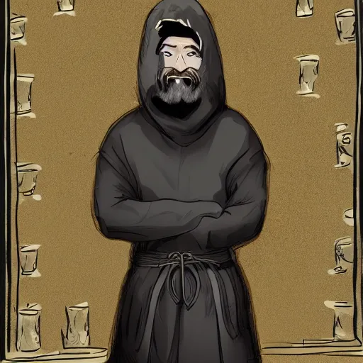 Prompt: 4 0 years old man, skinny, slim : : goatee beard, smiling : : hooded cloak : : medieval city, night, dark, grim, high detail, digital art, rpg, illustration