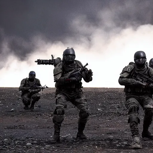 Image similar to Special Forces in grey uniform with black body armor under artillery fire in 2022, photo by Adam Ferguson, Pulitzer Winning, cinematic composition, breathtaking, modern, 2022