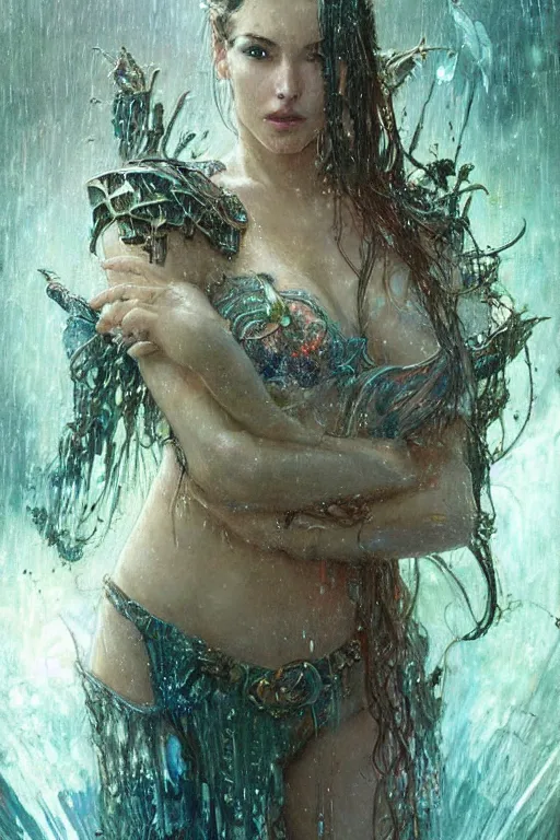 Image similar to portrait of a beautiful woman wearing a warrior armor, drenched body, wet dripping hair, emerging from the water, fantasy, regal, fractal crystal, fractal gems, by stanley artgerm lau, greg rutkowski, thomas kindkade, alphonse mucha, loish, norman rockwell.