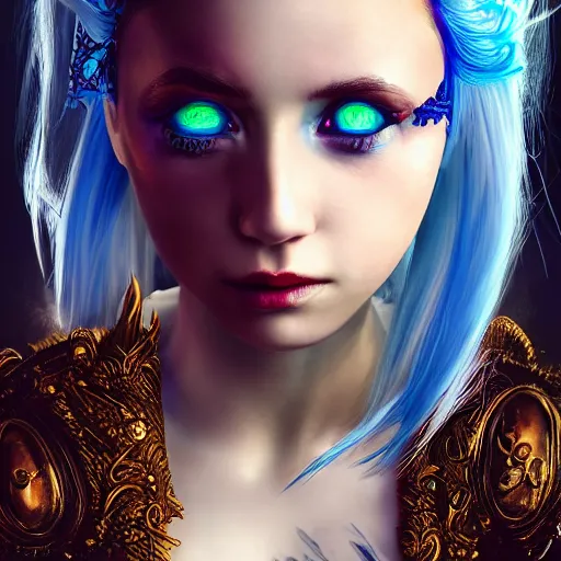 Prompt: The dragon girl portrait, portrait of young girl half dragon half human, dragon girl, dragon skin, dragon eyes, dragon crown, blue hair, long hair, highly detailed, cinematic lighting, by Luis Buñuel