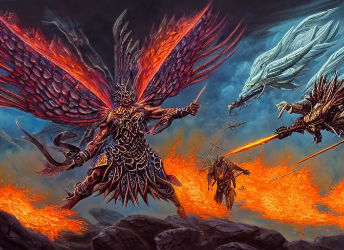 Image similar to dynamic futuristic bibilical depiction battle scene of aggressive winged silver warriors with fire crowns against final boss, d & d, muscular! crossfit, fitness, tight wrinkled cloath, vivid color scheme, atmospheric perspective, fantasy, intricate, elegant, highly detailed, digital painting, smooth, sharp focus, art by ed emshwiller and jesper ejsing