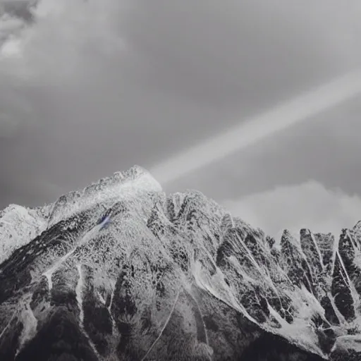 Image similar to silhouette of mountains made of light!!! bright cloudy sky, overexposed retro photography