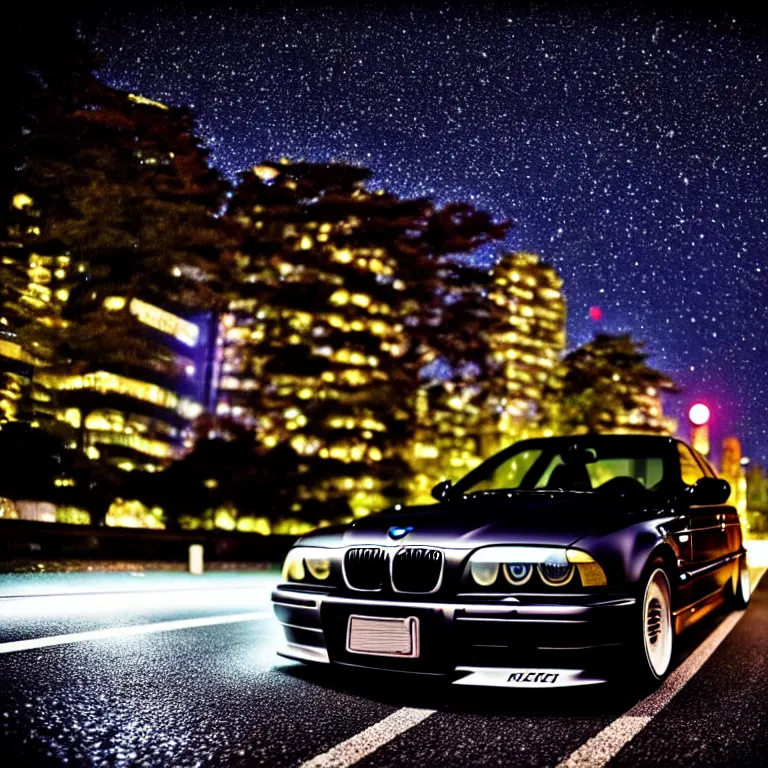 Image similar to close-up-photo BMW E36 middle of street, Saitama prefecture, stars, night, cinematic color, photorealistic, highly detailed,