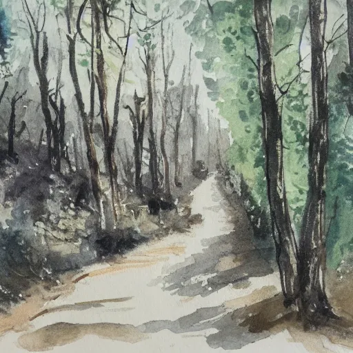 Image similar to sketch, landscape road in the forest to the village, watercolor