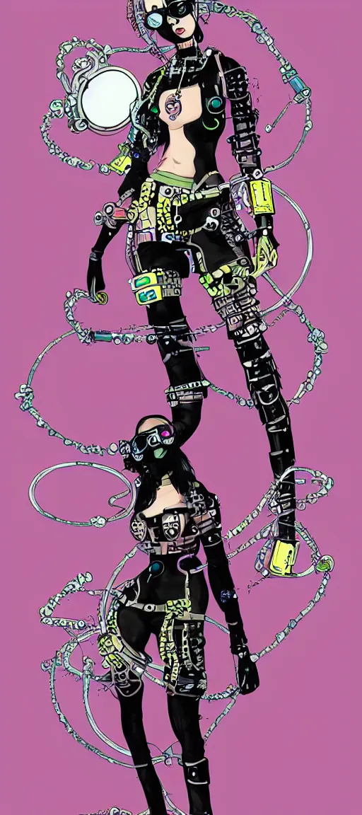 Prompt: a cybergoth woman wearing goggles and eccentric jewelry by brandon graham comic artist :: full body character concept art, detailed, intricate