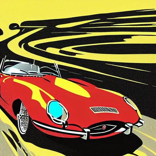 Prompt: a retro sci fi digital illustration of a jaguar e - type series 1 roadster