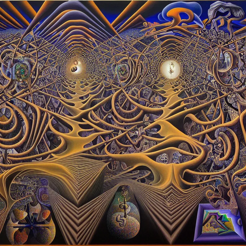 Image similar to infinite fractals of darkness, recursion, surreal, by salvador dali and mc escher and alex grey, oil on canvas, hd, dreams, intricate details, dark, vivid colors