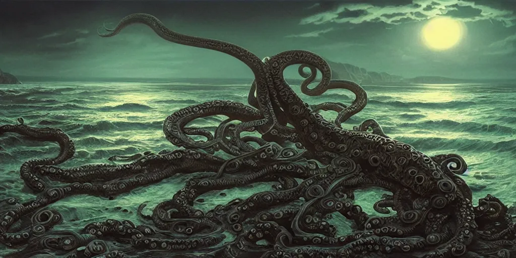 Image similar to landscape view on an old fishing village at night, a tentacled creature emerging from the ocean on the right, night colors, high - key lighting, beautiful composition, intricate, gradient from green to black, pro photography by, highly detailed, digital painting, art by artgerm and greg rutkowski and alphonse mucha, smooth, sharp focus illustration