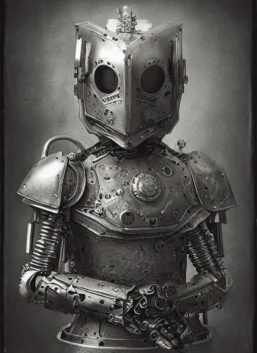 Image similar to old wetplate daguerreotype frame portrait of a futuristic silver armored knight district 9 cyborg, fractal, intricate, elegant, highly detailed, subsurface scattering, by jheronimus bosch and greg rutkowski and louis jacques mande daguerre