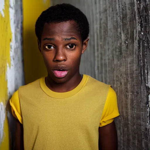 Image similar to black teenage boy wearing a white tank top with a long nose, walking in a nostalgic room with yellow walls and brown carpet