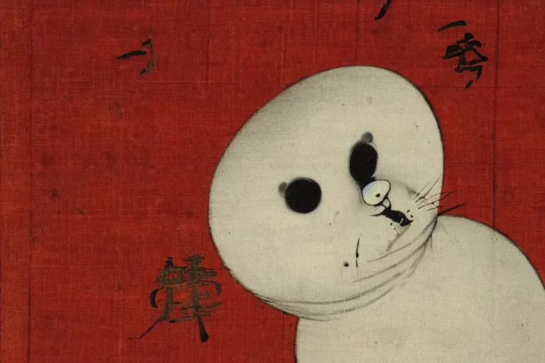 Image similar to demonic baby harp seal, Japanese painting, 1700s