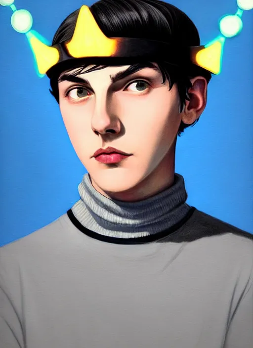 Image similar to portrait of teenage jughead jones wearing a light grey crown, crown, blue turtleneck, 1 9 5 0 s, closed eyes, photorealistic, black hair, glowing lighting, intricate, elegant, glowing lights, highly detailed, digital painting, artstation, concept art, smooth, sharp focus, illustration, art by wlop, mars ravelo and greg rutkowski