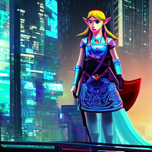 Image similar to high quality photo of princess zelda in a cyberpunk cyberpunk cyberpunk city realism 8k award winning photo