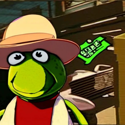 Prompt: Kermit smoking a cigarette in a GTA loading screen