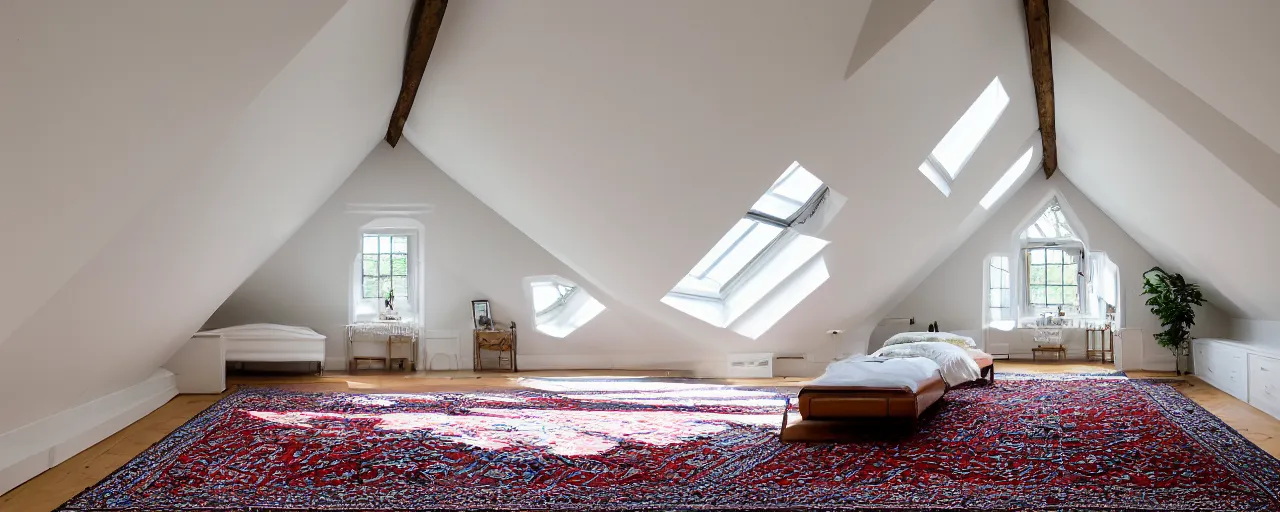 Prompt: low ceiling attic, white painted ceiling, with 2 rectangular skylights opposing each other, with a large square skylight in the back right corner of the room, with exquisite turkish and persian rugs, polished plywood floor, XF IQ4, 150MP, 50mm, F1.4, ISO 200, 1/160s, natural light