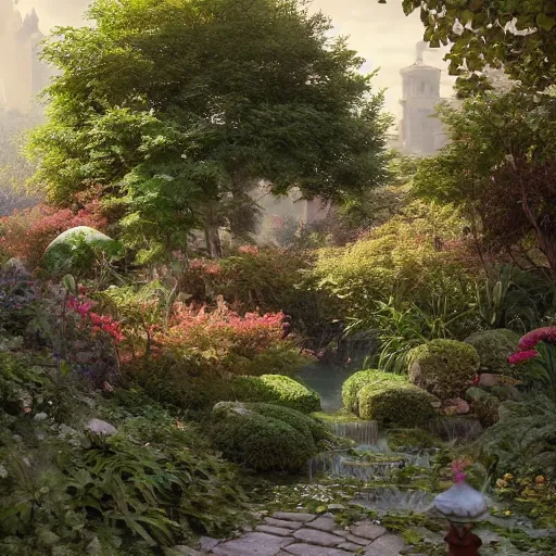 Prompt: beautiful gardens, realistic, 8 k, extremely detailed, cgi, trending on artstation, hyper - realistic render, by greg rutkowski