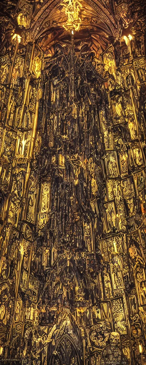 Prompt: photographic cathedral church altar, stranger things, upsidedown, gothic, baroque, black paper tarot, bringer of glowing light and life and death, skull, mystical, intricate ornamental oriental tarot tower floral flourishes, technology meets fantasy, glass, copper, steel, emerald, diamond, amethyst, glass, poster, concept art, octane, 8k insane detail