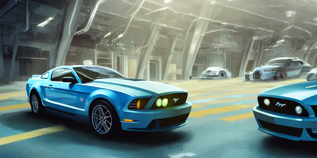 Image similar to a wholesome animation key shot of a focused ford mustang car parked in an multi-storey car park, medium shot, waist up, studio Ghibli, Pixar and Disney animation, sharp, very detailed, high resolution, Rendered in Unreal Engine 5, anime key art by Greg Rutkowski, Bloom, dramatic lighting