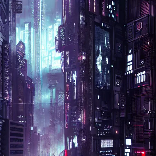 Image similar to Fully dark cyberpunk city with one building in the middle with only one window shining in style of Tsutomu Nihei. ArtStation, Cyberpunk, Vertical Symmetry, 8K, Highly Detailed, Intricate, Album Art.