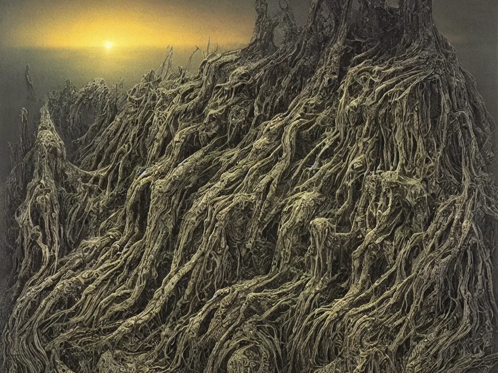 Image similar to landscape by H.R. Giger, Zdzislaw Beksinski, Todd McFarlane