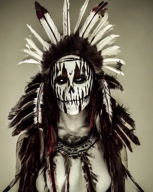 Image similar to the ghost - spirit of the grim - warpaint wears the scarlet skull armor and native blood headdress feathers, midnight fog - mist!, cinematic lighting, various refining methods, micro macro autofocus, ultra definition, award winning photo