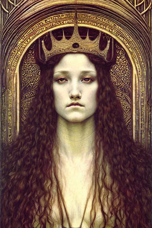 Image similar to detailed realistic beautiful young medieval queen face portrait by jean delville, gustave dore and marco mazzoni, art nouveau, symbolist, visionary, gothic, pre - raphaelite. horizontal symmetry