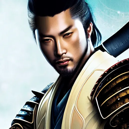 Image similar to ultrarealistic portrait photography android samurai 47 ronin cyberpunk white background