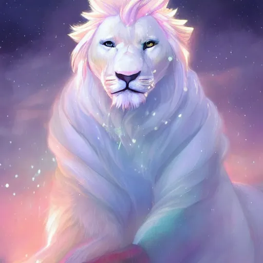 Image similar to aesthetic portrait commission of a albino male furry anthro lion surrounded by soft pastel rainbows while wearing a soft wizard outfit, winter Atmosphere. Character design by charlie bowater, ross tran, artgerm, and makoto shinkai, detailed, inked, western comic book art, 2021 award winning painting