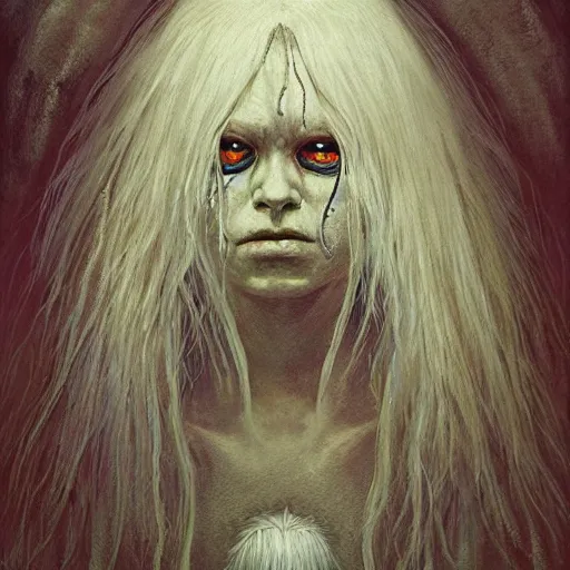 Image similar to portrait of small, rubbery, huge-eyed, big-lipped albino mutant priestess with elaborate white hair by Anato Finnstark, Beksinski, and Studio Ghibli