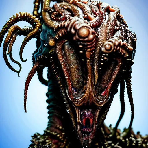 Image similar to photo taken of an epic intricate, ultra detailed, super realistic gritty, wet, slimy, lifelike sculpture of a nightmarish hellish alien creature with tentacle dreadlocks created by weta workshop for james cameron, zoomed in shots, photorealistic, sharp focus, white wall coloured workshop, cold blueish colour temperature, f 0. 4