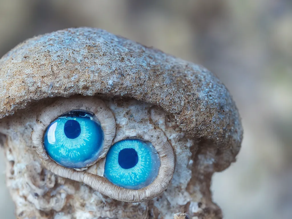 Prompt: award winning hyper-realistic photograph of a mushroom with large glassy blue round eyeballs, high quality, detailed, 8k, amazing, narrow depth of field, sigma 85mm f/8