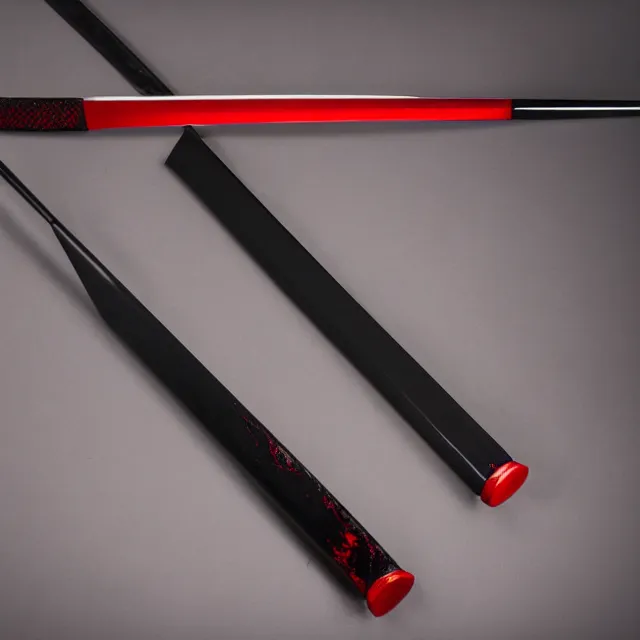 Prompt: a black and red katana, half way in it's sheathe, studio lighting