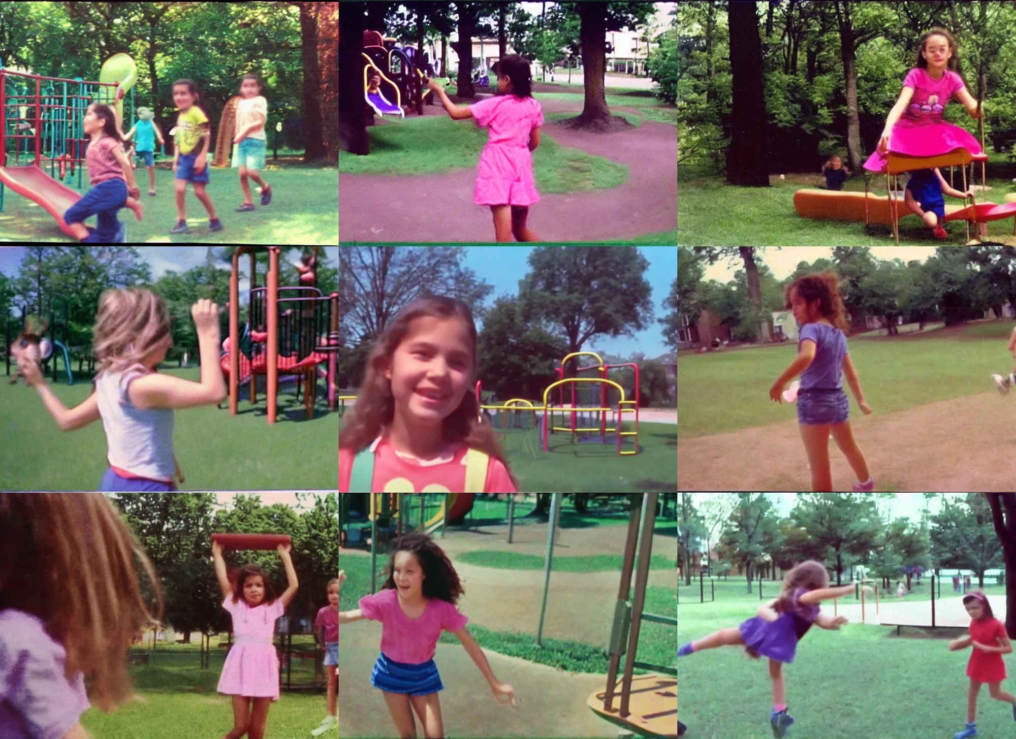 Prompt: Home video footage, A preteen girl playing in the playground, summer. Color VHS picture quality with mixed noise, Filmed by dad.