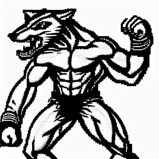 Image similar to full body portrait. 1 6 bit sega graphics. antropomorphic muscular masculine wolf, kickboxer fighter, in shorts, in front of destroyed city. wolf head. furr on body. at night. 1 9 8 9