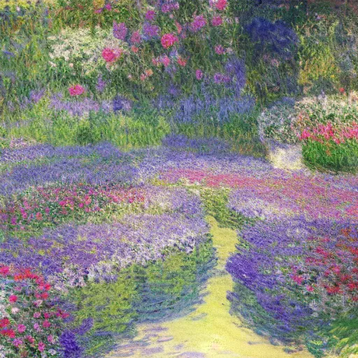 Image similar to a gorgeous garden on the edge of a cliff filled with beautiful flowers of blue and violet and pink from all around the world, monet