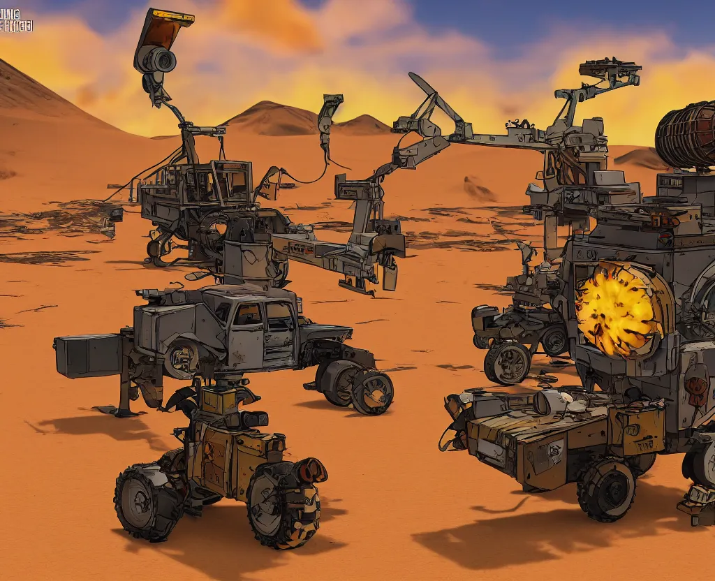 Image similar to South Park Fury Road War Rig and desert background, borderlands video game 4k render