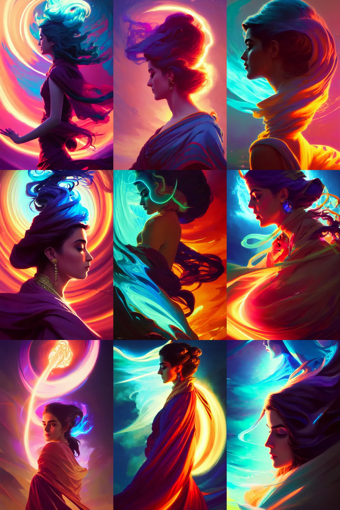 Prompt: side profile, maya ali, wind sorcerer, dota, robes, elegant, concept art, smooth, oversaturated, tarot, bright cinematic backlit, colorful psychedelic swirly magic ripples, gaudy bold colors, by greg rutkowski, jesper ejsing, ilya kuvshinov, artgerm, mucha