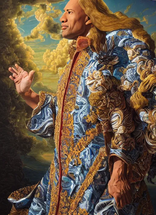 Image similar to beautiful oil painting, full length portrait of Dwayne the rock Johnson as Louis xiv in coronation robes 1701, baroque, Dan Mumford, Dan Mumford, Alex grey, Alex grey, highly detailed , lsd visuals, dmt fractal patterns, hallucinogen, visionary art, psychedelic art, ornate, vaporwave