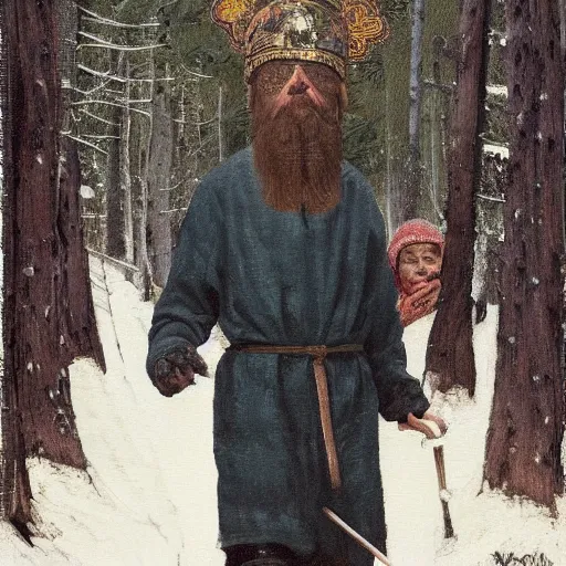Image similar to Slavic dog head man, woolen torso in medieval clothes, walking in the forest, Orthodox Saint Christopher, oil painting, painting by Viktor Vasnetsov, concept art, hyperrealism, beautiful, high resolution, trending on artstation,