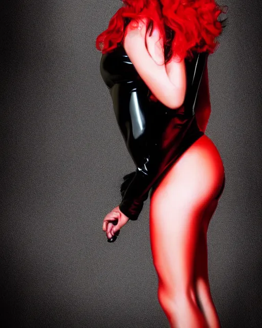 Image similar to Digital painting of a female model posing in a black latex dress, gothic, short red hair, black and red tones, dramatic background