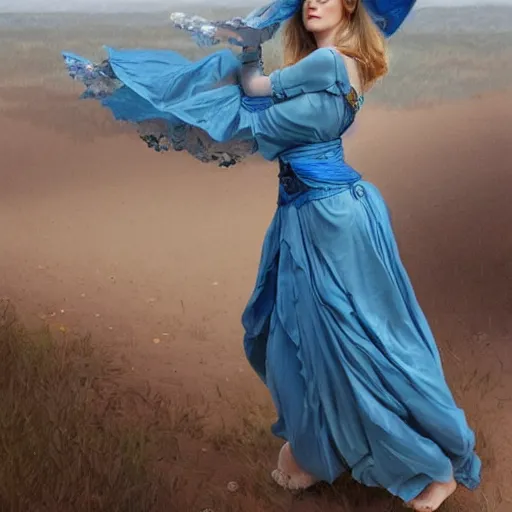 Prompt: full figure ultra realistic illustration, evan rachel wood wearing a maiden blue dress, blonde flowy hair, old west, intricate, elegant, highly detailed, digital painting, artstation, concept art, smooth, sharp focus, illustration, art by artgerm and greg rutkowski and alphonse mucha